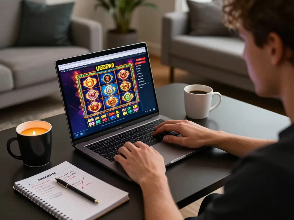Player enjoying an engaging UGDEWA online gaming session at home with vibrant slot game interface.