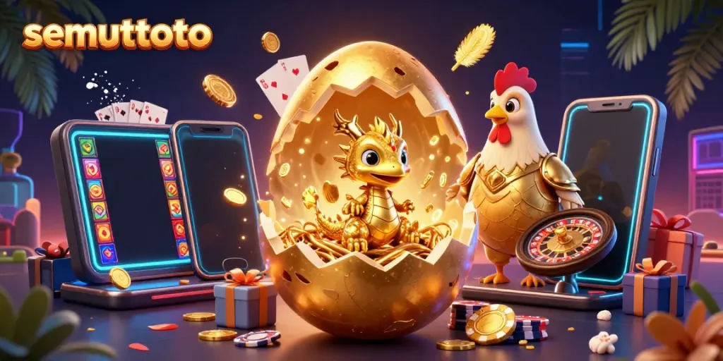 Melihat semuttoto, telur emas besar pecah menampilkan naga kristal di atas chip poker.