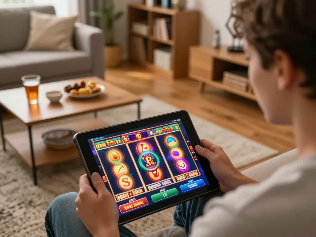 Player enjoying Go99 slots on tablet in cozy living room with warm lighting