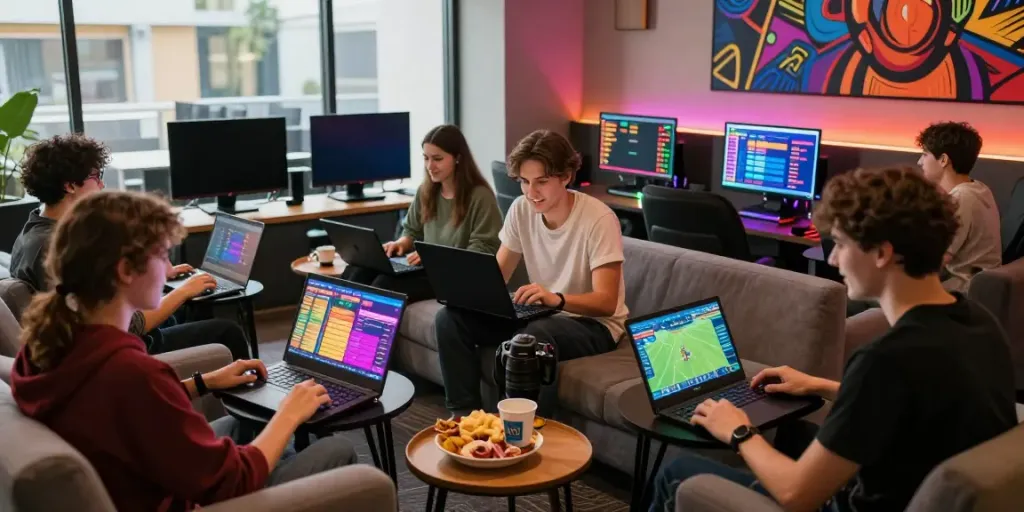 F168 online gaming scene with friends playing in a vibrant lounge.