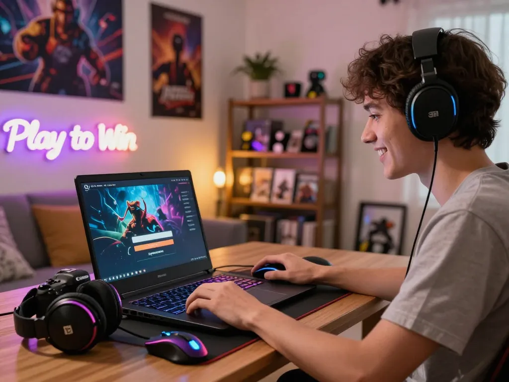 User accessing ligasedayu login page with gaming accessories in cozy home setup.