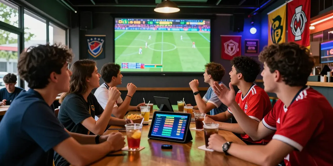 Group of friends enjoying live football while placing bets on tempototo daftar at a lively sports bar.