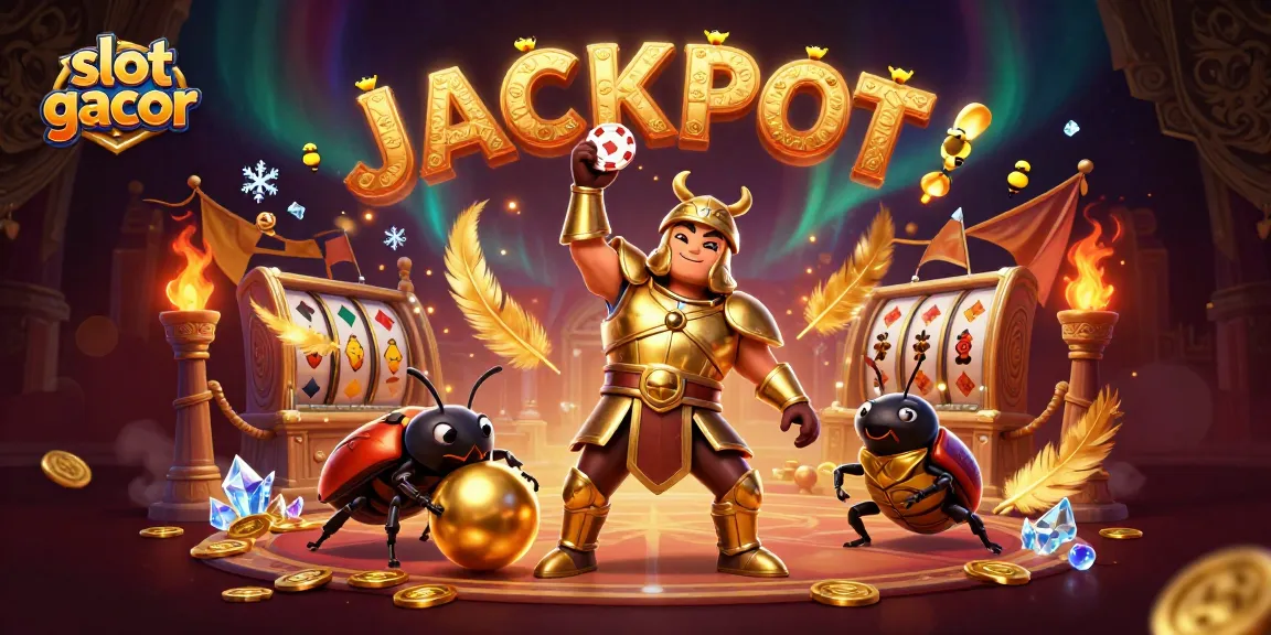 Experience the thrill of slot gacor with an epic 3D illustration featuring heroic beetles and vibrant casino elements.