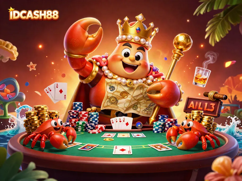 Play exciting games at IDCASH88, featuring a royal crab emperor amidst vibrant poker elements.