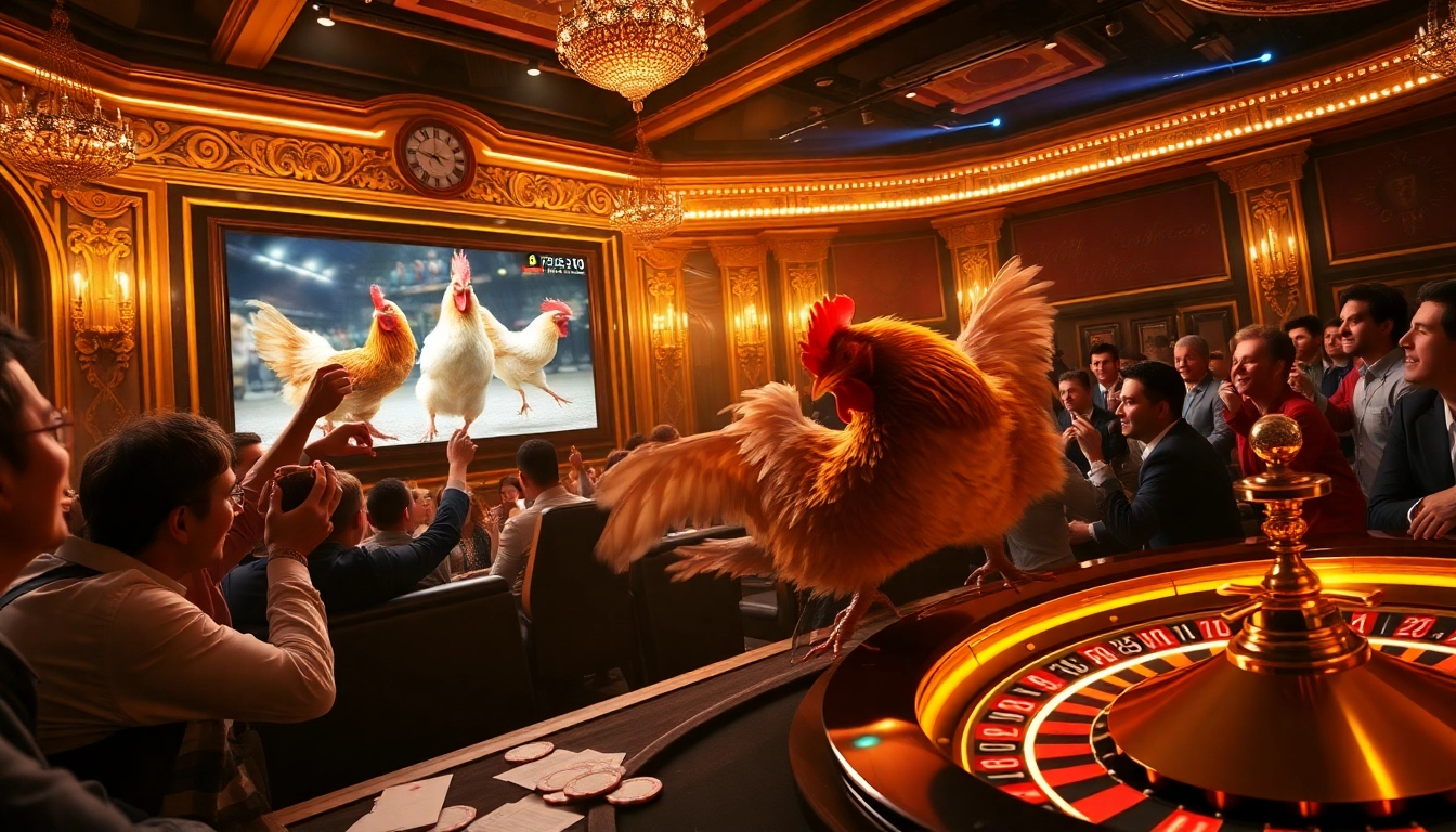 Engaging spectators watching đá gà trực tiếp with vibrant casino elements, capturing the thrilling atmosphere.