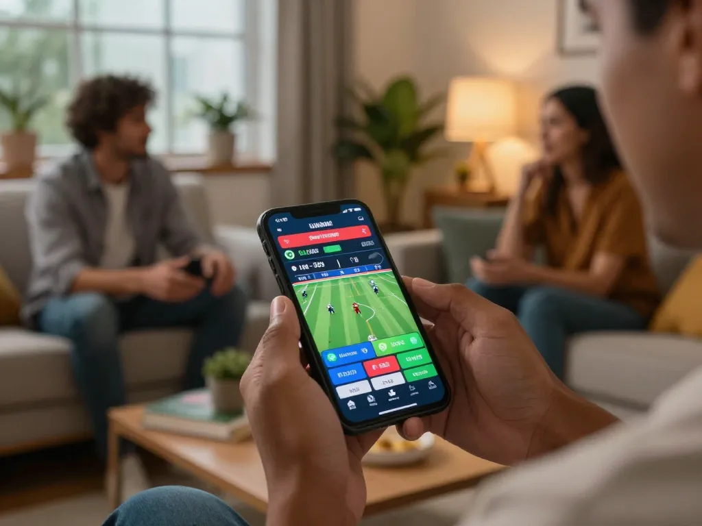 Engaging in sports betting on 78win app while enjoying friendly conversation at home.