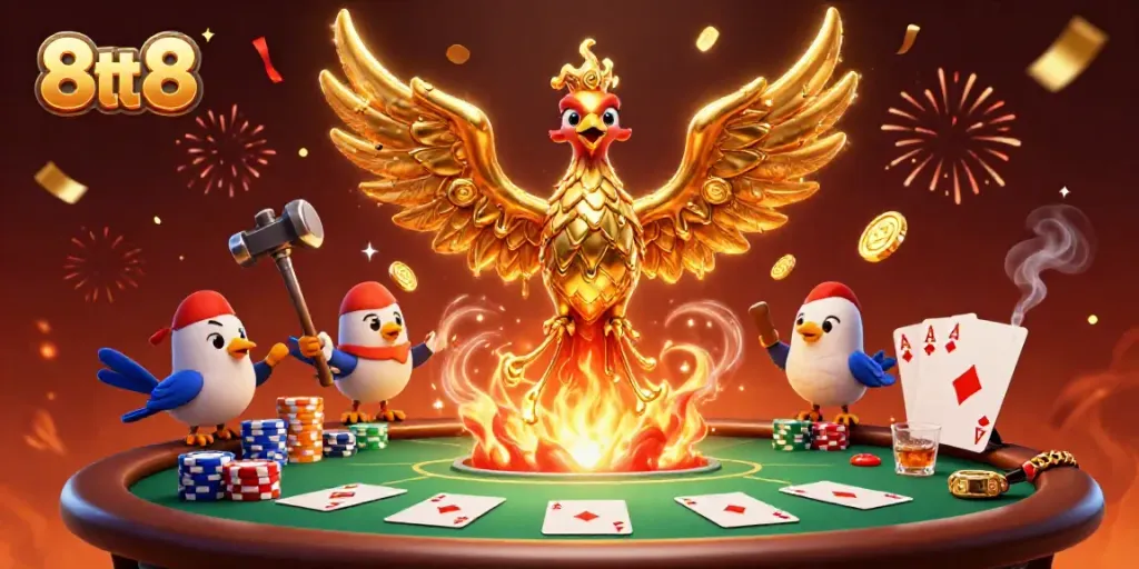 Participate in thrilling poker action with 8tt8 as molten gold coins rain from a phoenix in a vibrant casino