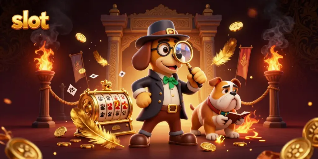Gacor slot yang menarik dengan detektif dan bulldog beraksi di arena kasino.