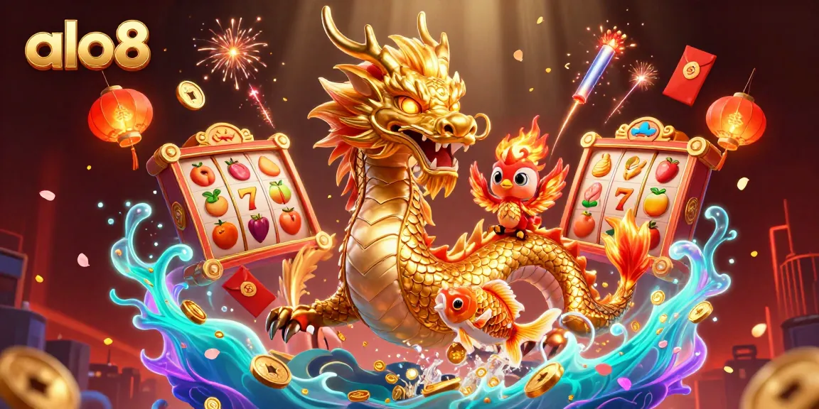 Engage with the thrilling world of alo8 as lucky symbols and magical creatures surround a dynamic casino scene.