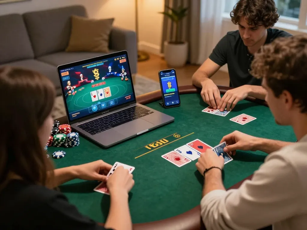 Players engaging intensely with UG88 online poker game on devices, showcasing strategic gameplay and cozy ambiance
