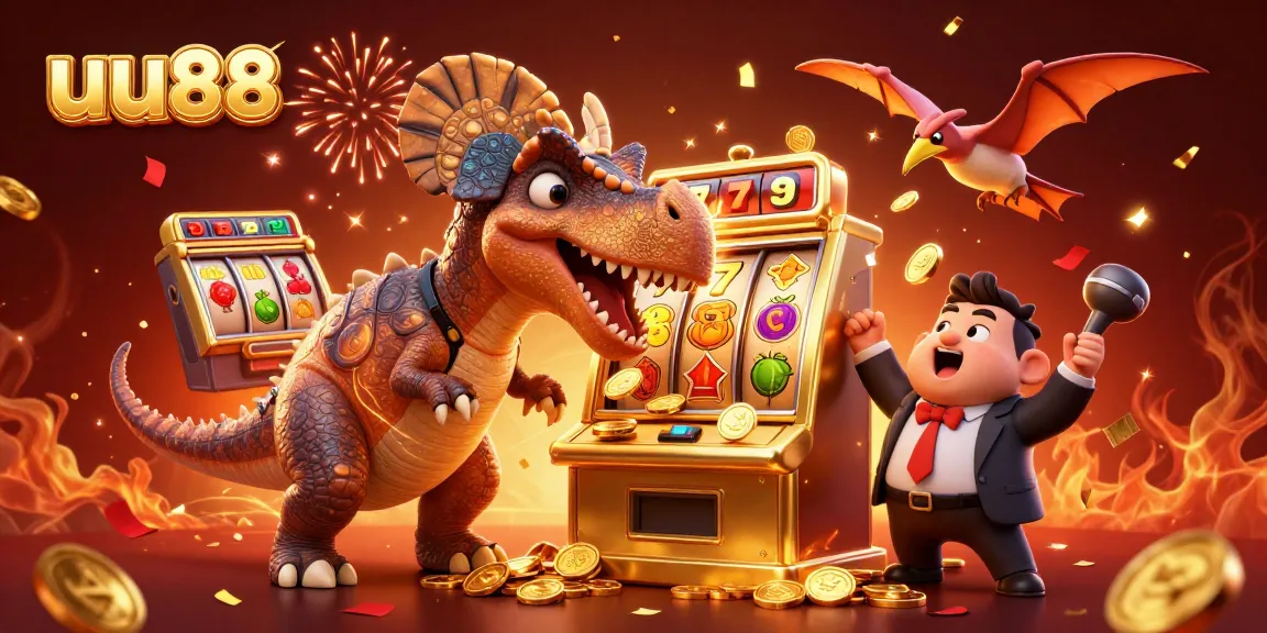 uu88 features a pachycephalosaurus hitting a slot machine for jackpot coins in a vibrant casino scene.