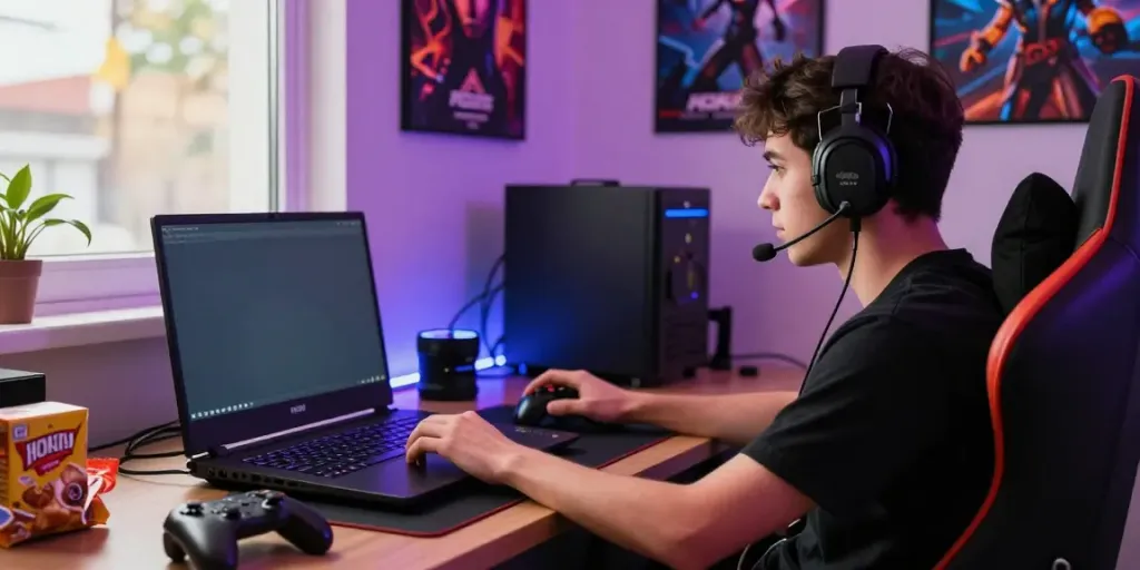 Pemain game bermain HOKI99 dengan laptop modern dan suasana gaming yang menarik.
