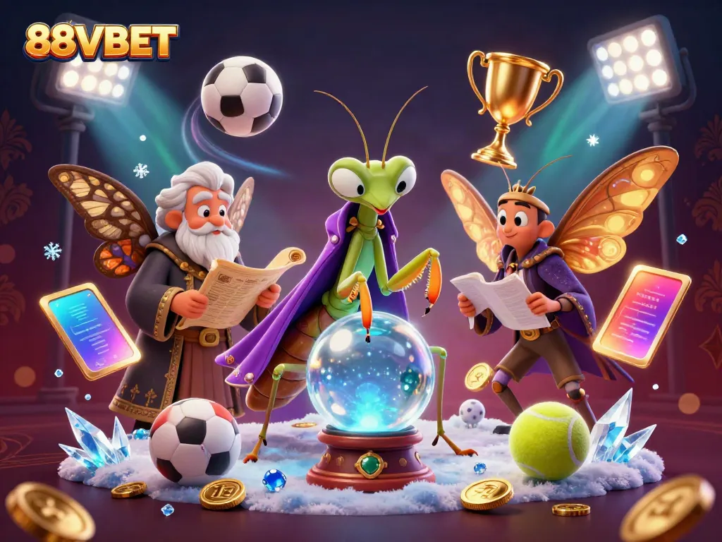 Betting excitement with 88VBET illustrated through a mystical scene of fortune tellers and sports elements.