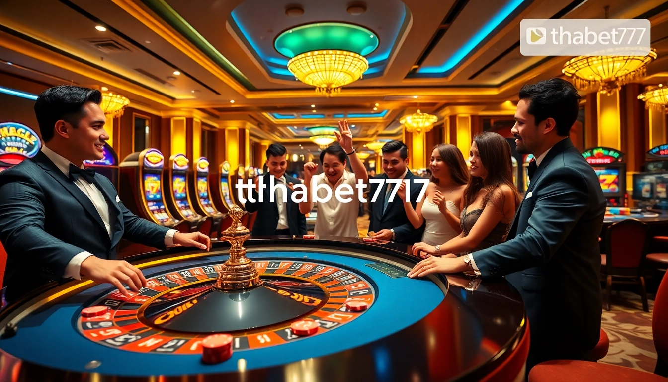 Exciting casino atmosphere with players enjoying thabet777 games at a roulette table.