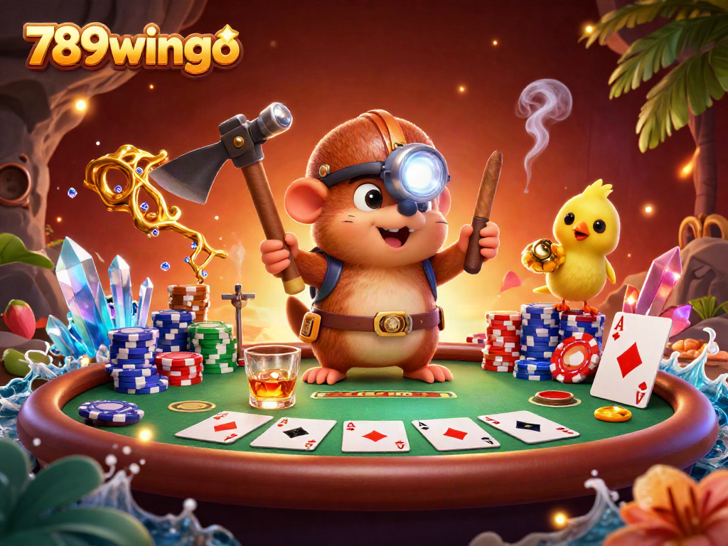 Play exciting poker with 789wingo while treasure hunting in a vibrant casino scene.