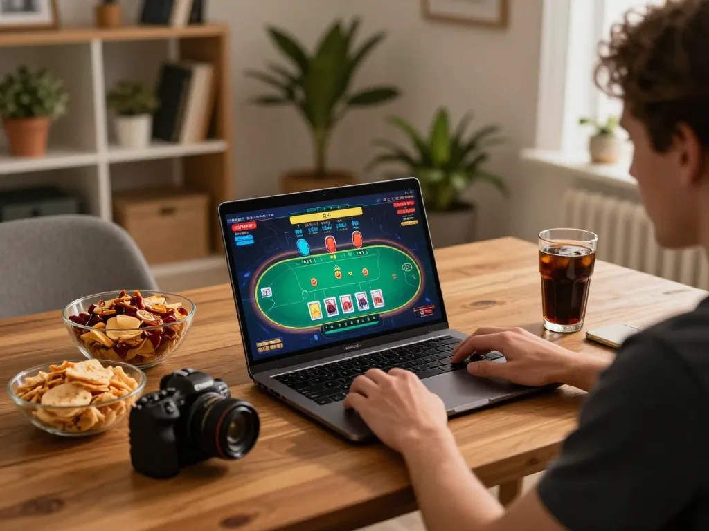 Xoilac online poker player engaged deeply in strategy at home, showcasing immersive gaming experience.
