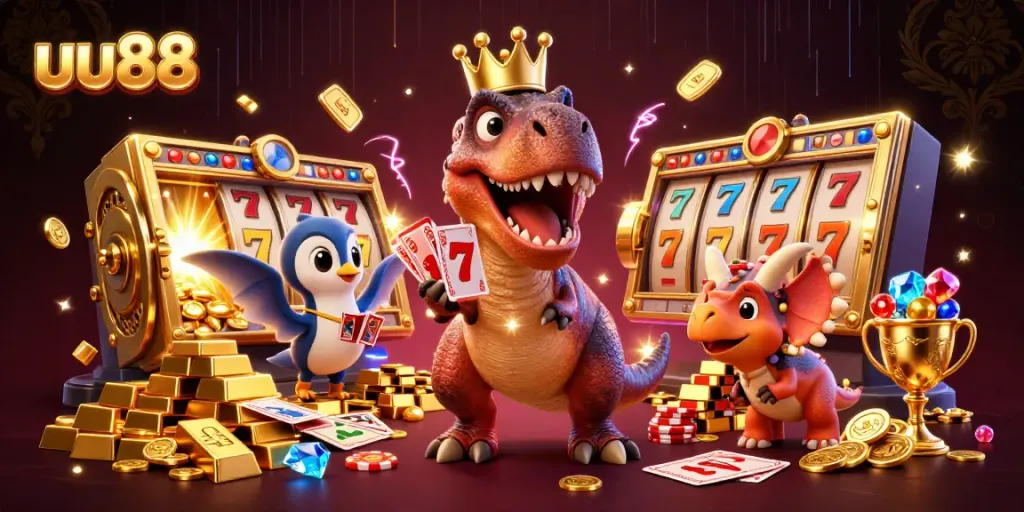 Engage with the vibrant world of uu88, featuring a playful T-Rex and friends at a busy casino.