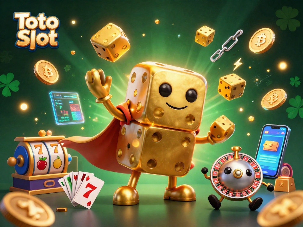 Toto Slot menghadirkan ilustrasi 3D dari karakter golem dadu emas yang mengocok dadu kecil, dikelilingi permainan slot ceria.