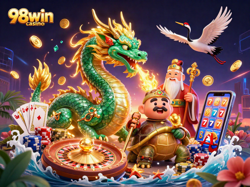 Experience thrilling action at 98win casino with a vibrant 3D scene of a dragon, turtle sage, and lucky cranes.