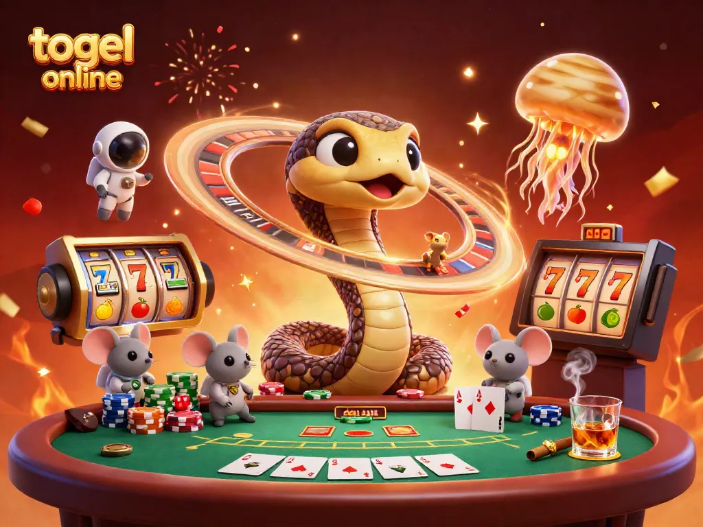 Visualisasi permainan togel online dengan karakter lucu dan elemen kasino yang menarik.