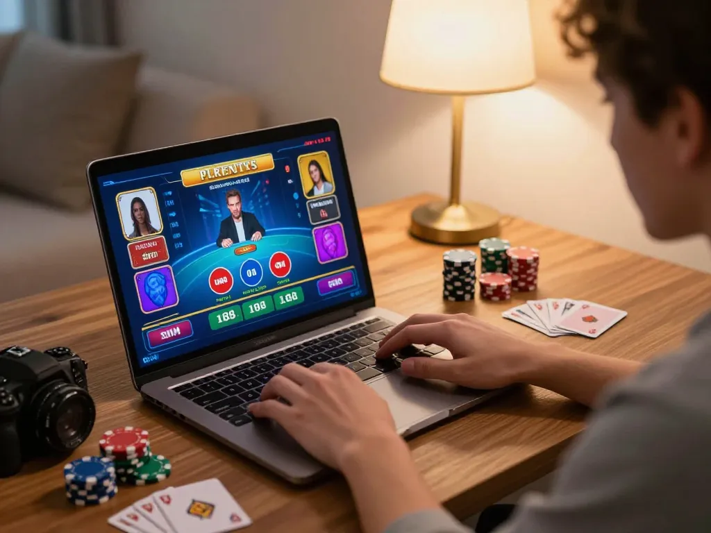 Engaging player on laptop at WALA88 enjoying live dealer games in a cozy home setting.