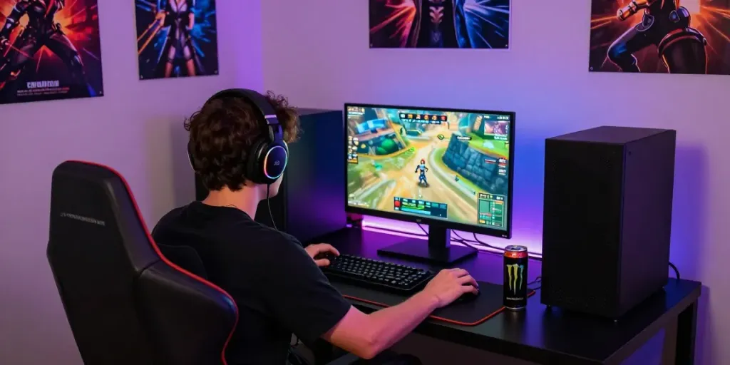Pengalaman seru bermain sniperslot di ruang permainan dengan pencahayaan RGB yang hidup.