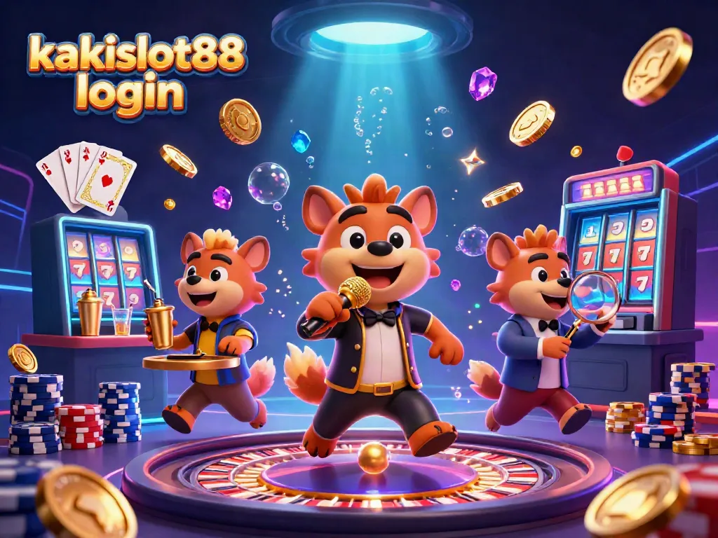 Permainan slot kakislot88 login dengan koin emas mengalir dan karakter lucu di kasino.
