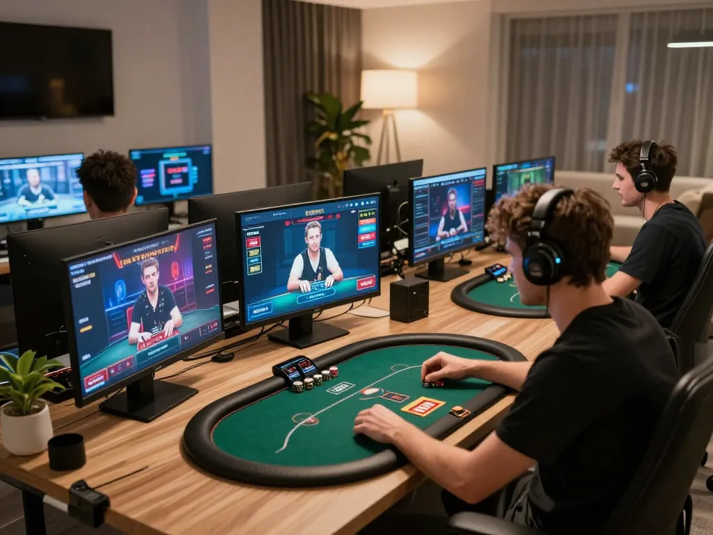 Player strategizing in an online casino session at home, showcasing 789bethv gaming options and focus.