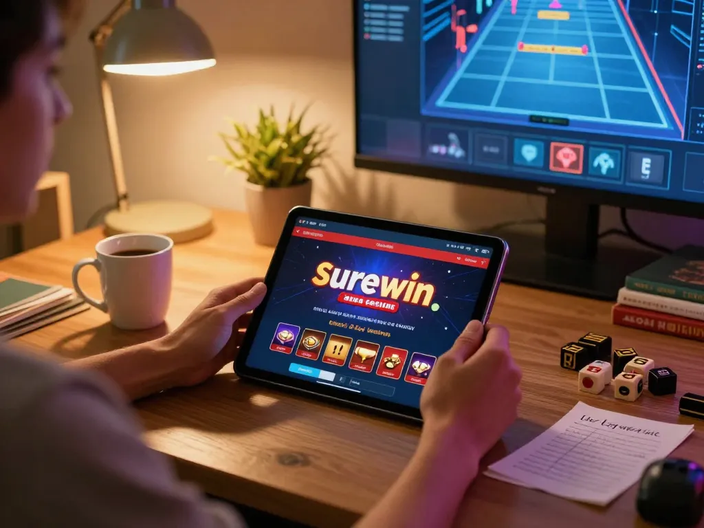 Engaging gameplay action on surewin casino app from a cozy home setup, highlighting strategic betting