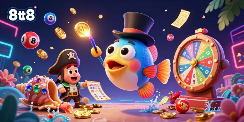 Attract golden coins with the vibrant 8tt8 anglerfish and pirate shrimp in this exciting casino scene.