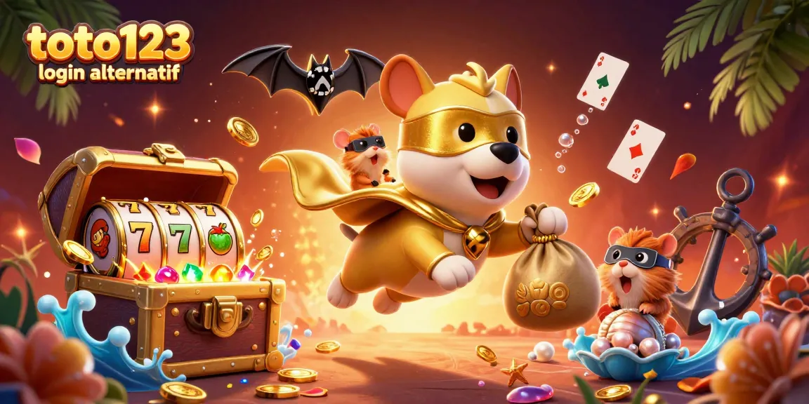 This dynamic illustration showcases the excitement of gaming at toto123 login alternatif, featuring a superhero dog flying amidst gold coins and vibrant slot elements.