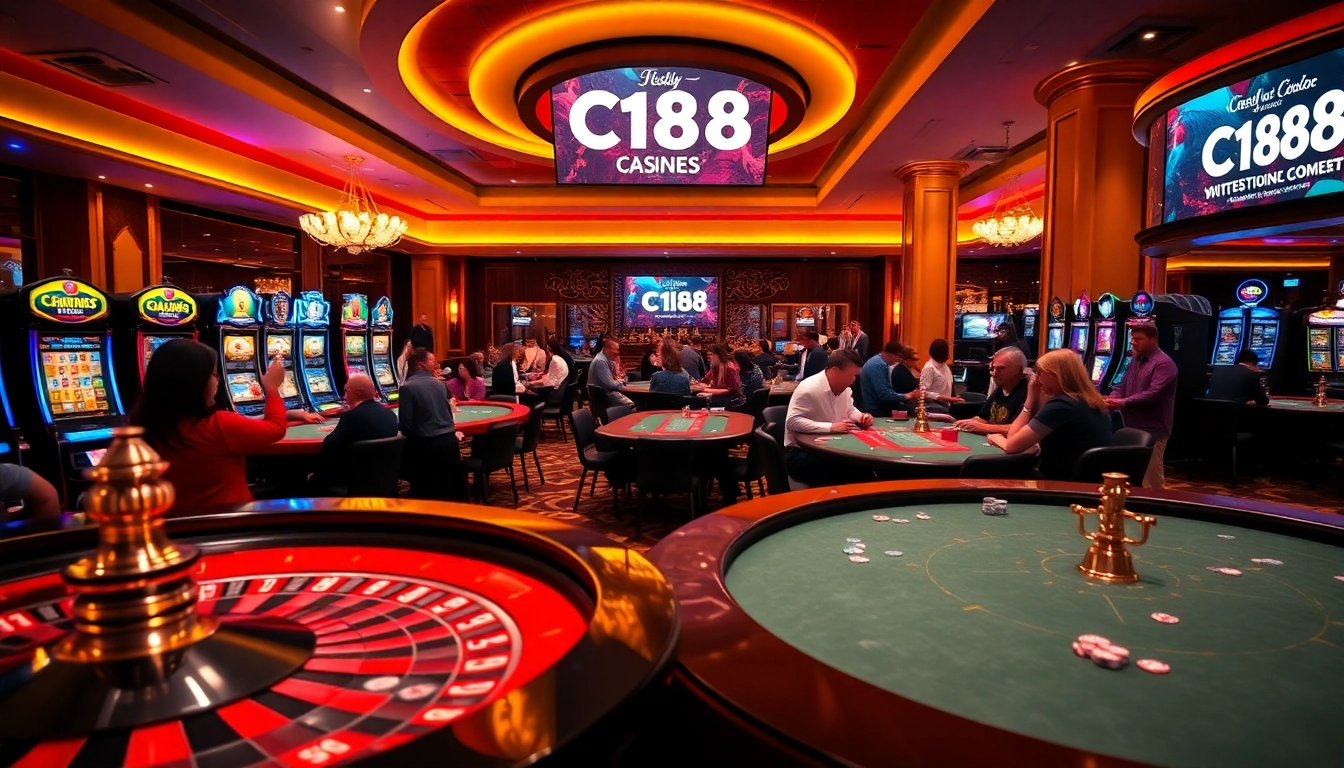 Experience luxurious gambling excitement at C168 with vibrant gaming tables and slot machines.