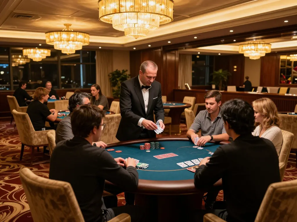 RR88 players engaging in an intense poker game at a luxurious casino, highlighted by upscale decor and captivating ambiance.