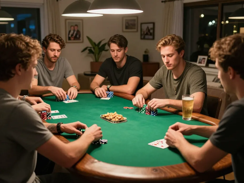 Play poker with friends at home using IDCASH88, showcasing winning hands and chips during a competitive game night.