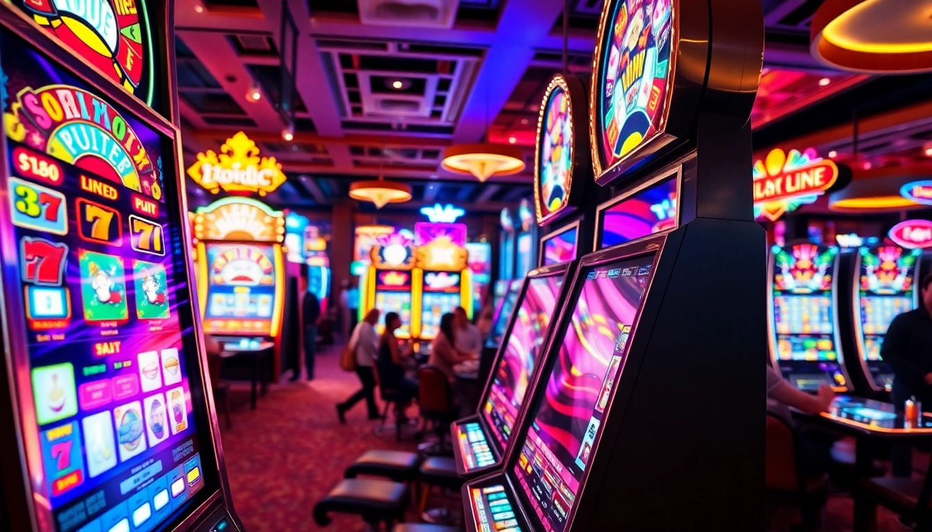 Slot yang menarik dikelilingi oleh mesin kasino yang berwarna-warni dan pemain yang antusias.