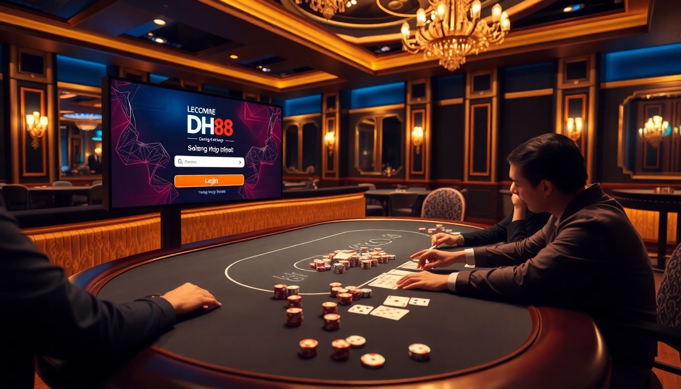 Engage in gaming excitement with Đăng nhập DH88 at a modern casino table filled with chips and cards.