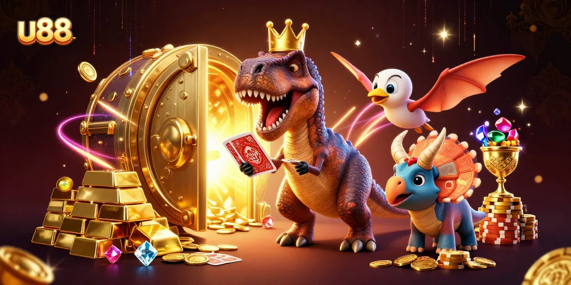 u88 gaming T-Rex shuffling cards with a pterodactyl assistant and a baby triceratops stacking chips