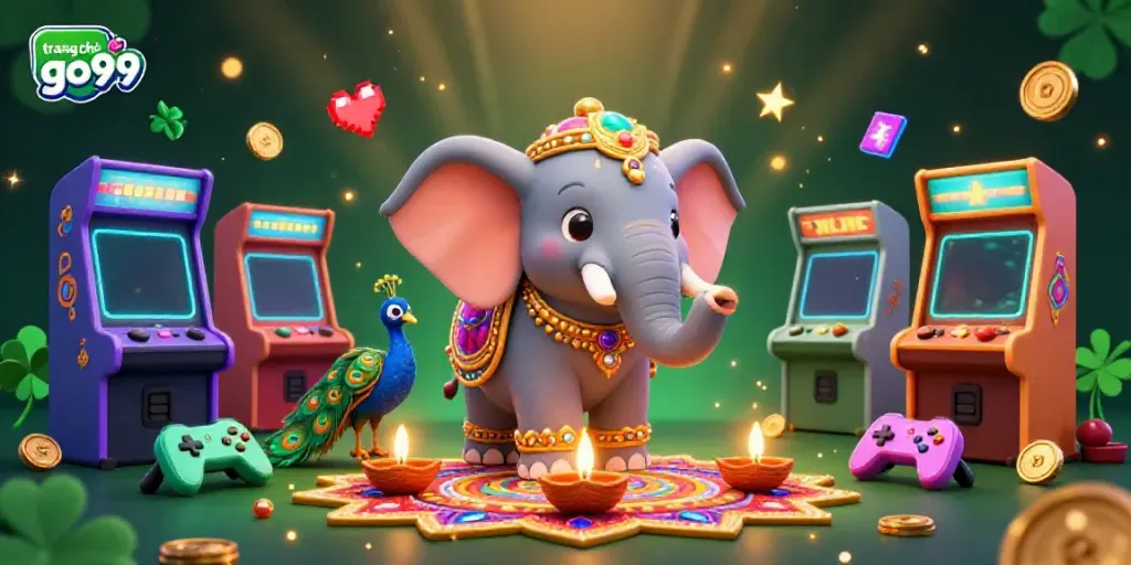 Engage in vibrant gaming at trang chủ go99, featuring a colorful elephant and gaming elements in a rich scene.