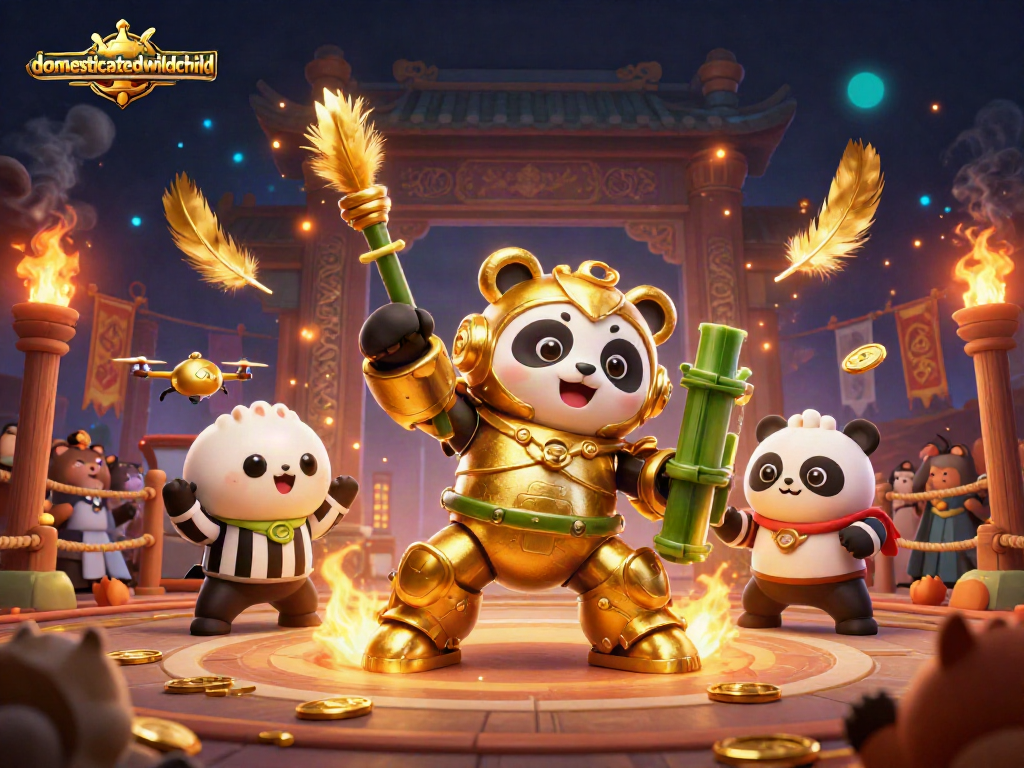 domesitcatedwildchild menyajikan ilustrasi kasino 3D dengan panda emas dan robot bambu, menciptakan suasana taruhan yang mendebarkan.