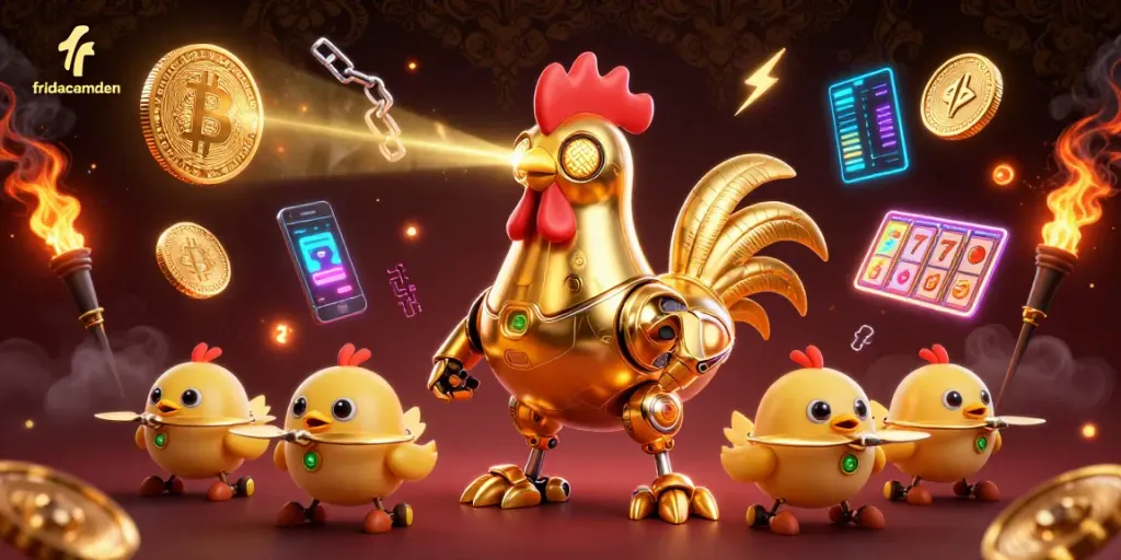 Exciting gameplay at fridacamden with a golden rooster robot and crypto-themed elements in a vibrant casino scene.