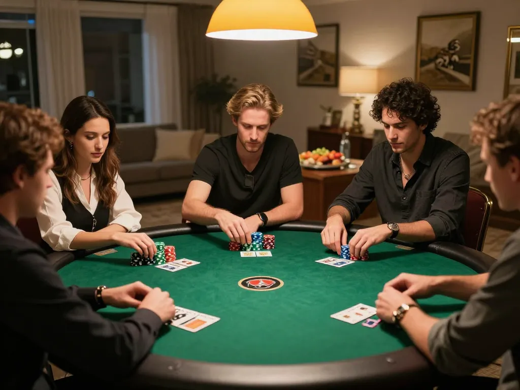 Engaged players enjoying a poker game night at home, showcasing q23win.com’s online gaming experience.
