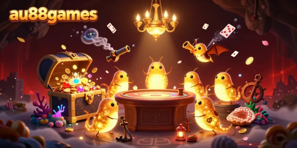 Glowworms illuminate a vibrant casino scene at au88games, creating a magical gambling experience.