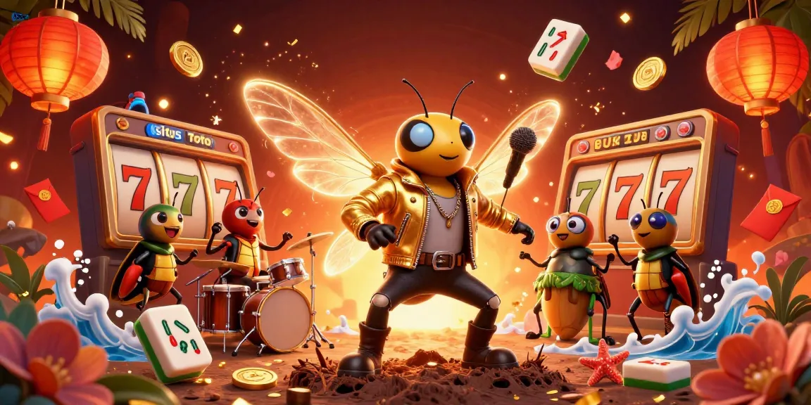 Join the fun with situs Toto in this vibrant casino scene featuring singing cicada rock stars and spinning slot reels.