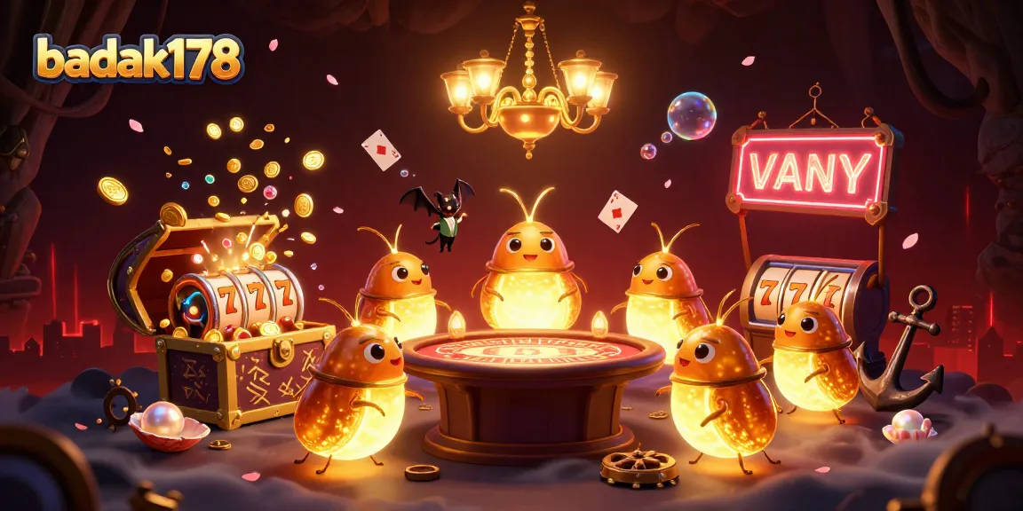 Join the excitement at badak178 with glowing glowworms, cards, and gold coins in an immersive casino scene.