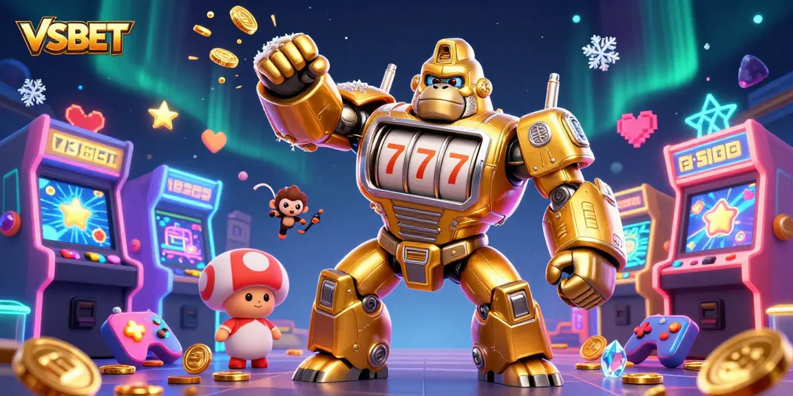 Engage with VSBET’s golden gorilla mech battling in a vibrant casino arcade!