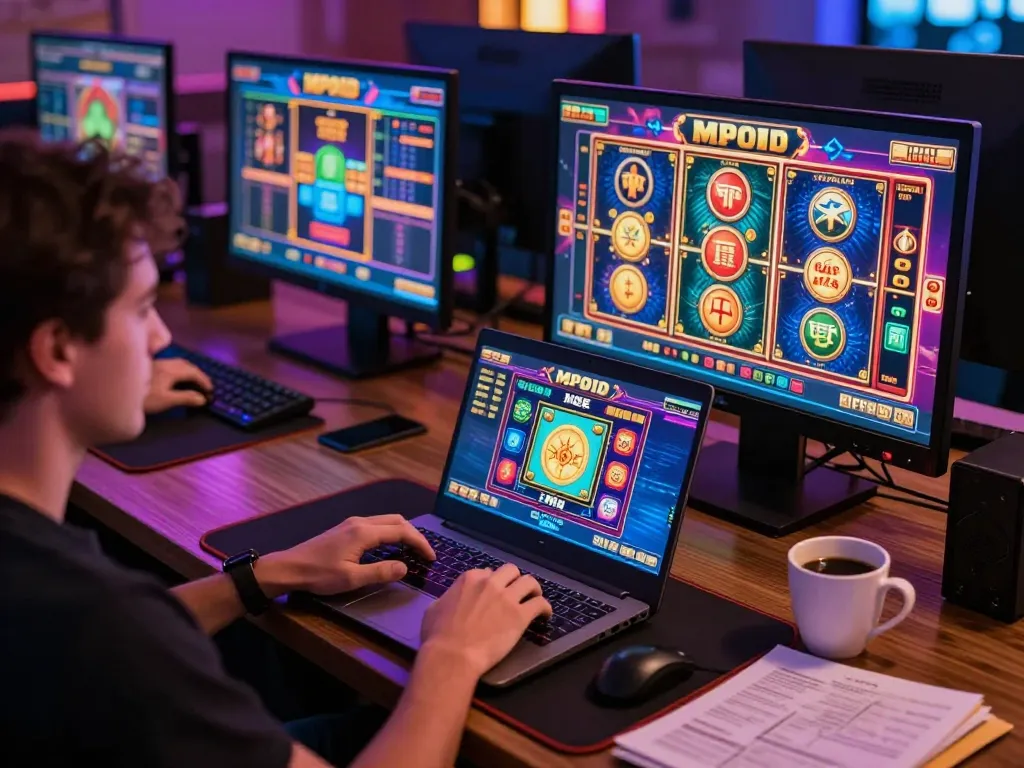 MPOID user engaging with online casino games on a laptop, showcasing a vibrant and cozy gaming setup