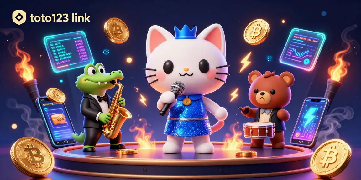 Engage with the vibrant toto123 link casino scene featuring animated characters and crypto elements.