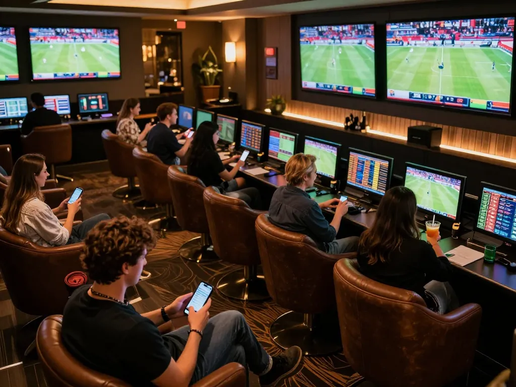 Excited patrons engaging in sports betting at DA88 while analyzing odds and celebrating wins.