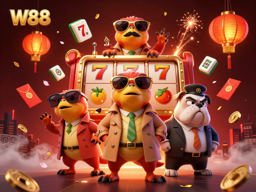 Enjoy exciting W88 gaming experiences with vibrant raptors entering a casino lounge scene.