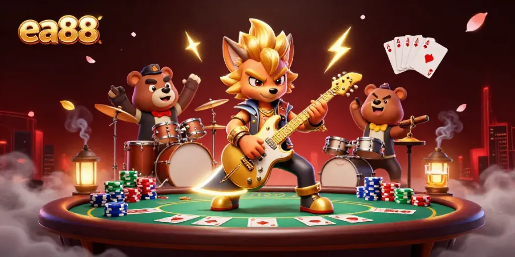 ea88 casino scene with a rock star wolf performing and poker elements scattered around